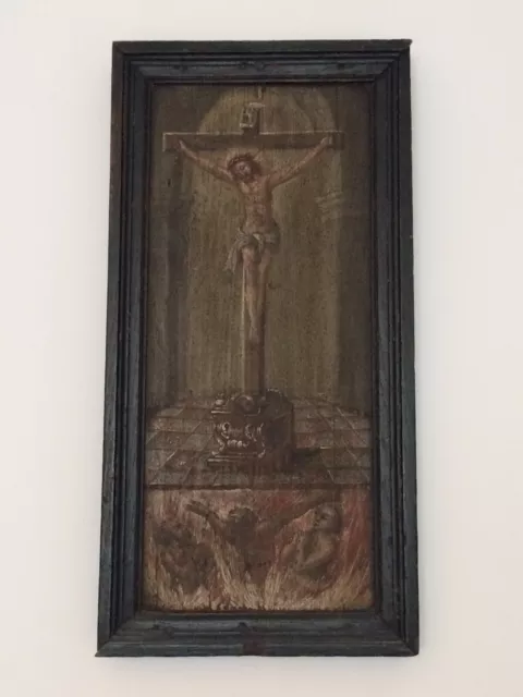 anikes Bild Jesus am Kreuz und Arme Seelen im Fegfeuer um 1650 bemalte Holztafel