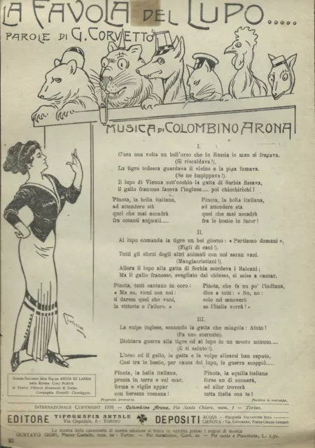 Volantino patriottico- La favola del Lupo - Artale Torino 1915 Interventismo WWI