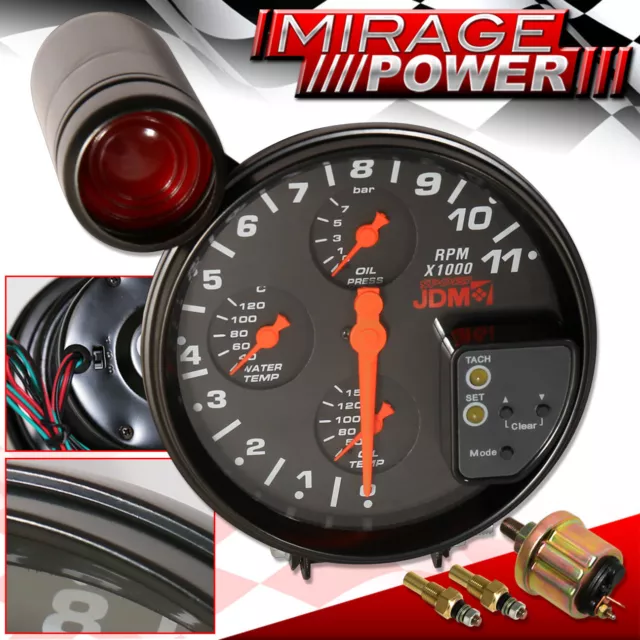 5" 4IN1 11K RPM JDM Black Tachometer Gauge w/ Red Shift Light For Civic CRX Si