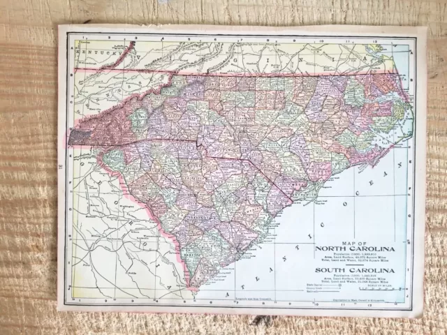 VTG 1902 NORTH & SOUTH CAROLINA/GEORGIA TWO SIDED 13.5" x 10.5" MAP