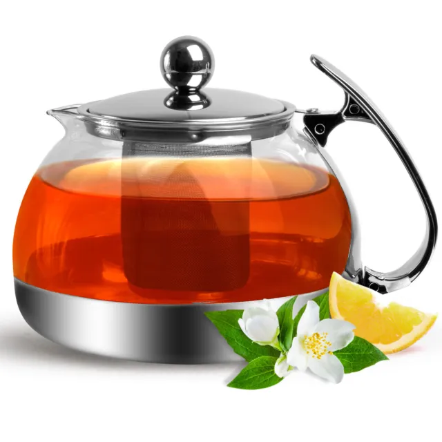 Théière avec passoire thé en acier inoxydable verre 1,2 litres boisson chaude
