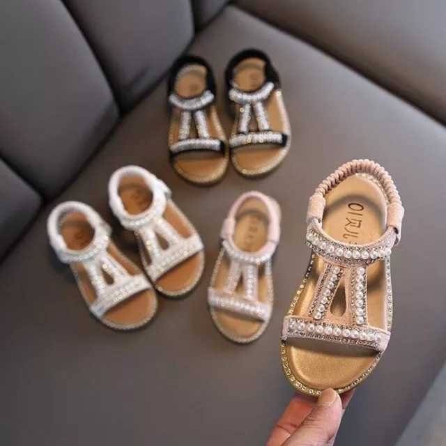 Girls Pearl Flat Sandals Summer Toddler Baby Kids Holiday Princess Beach Shoes