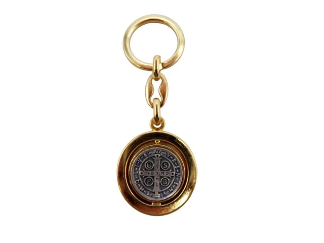 Two Toned Detailed St Saint Benedict Rotating Medal Keychain 2.75 Inch 2