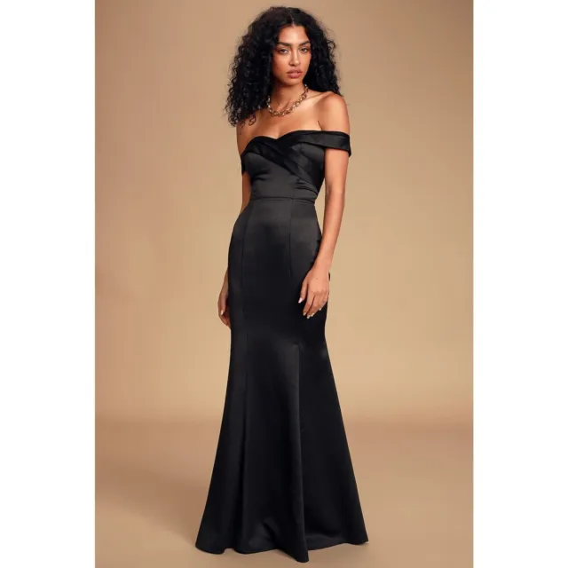 NWT LULUS Adored Forever Black Satin Off-the-Shoulder Maxi Dress Size Small