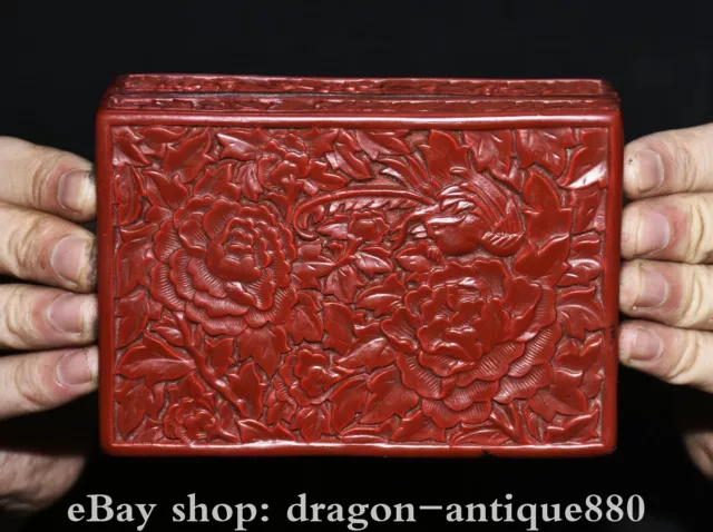 6.6” Marked Old Chinese Red Lacquerware Carving Palace Flower Bird Jewelry Box