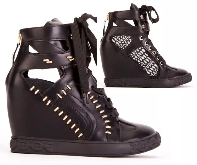 Womens Black Hidden Wedge Heel Ankle High Top Trainers Lace Up Sneakers Shoes