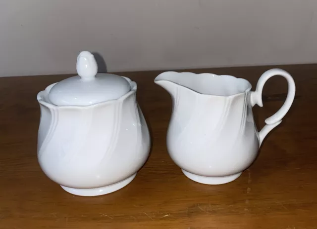 Sheffield Bone White Sugar Bowl & Creamer￼ Fine Porcelain Made In Japan