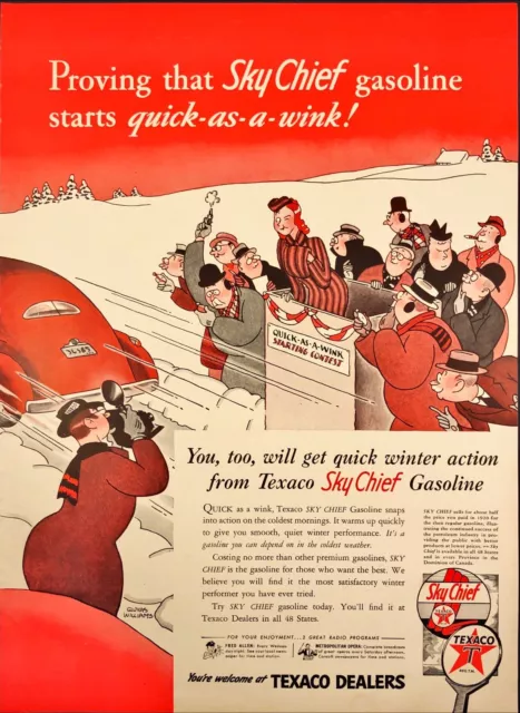 Sky Chief Gasoline Texaco Winter Scene Quick-as-a-Wink Vintage Print Ad 1942
