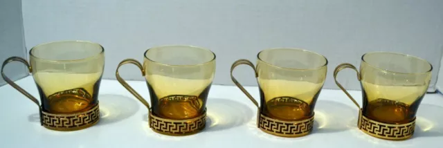 Vintage Libbey Gold Greek Key Amber Glass Continental Coffee Cups (4)