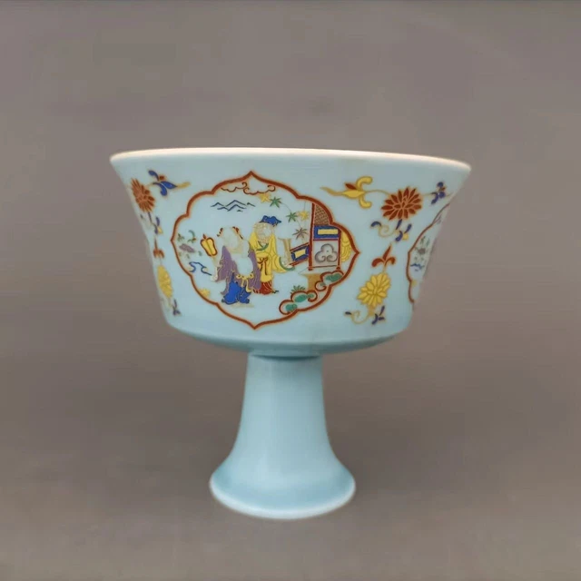 Ming Dynasty Chenghua Porcelain Blue Glazed Doucai Figure High Foot Ceramic Cup