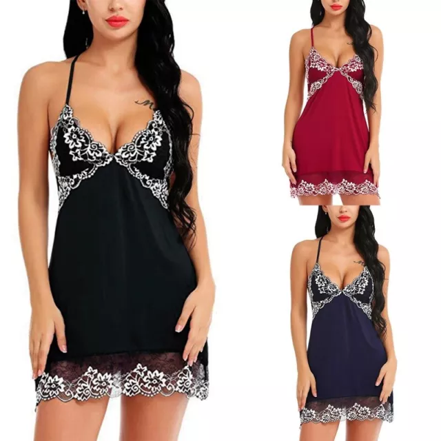 Women Floral Lace Lingerie Night Dress Deep V-Neck Backless Mesh Nightgown