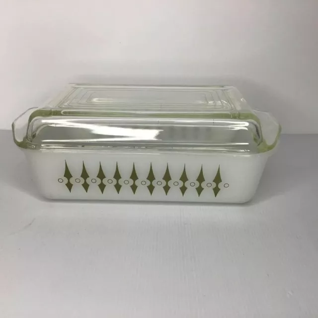 Agee Pyrex White Olive Green Spear Casserole Dish With Lid Picket Fence Vintage