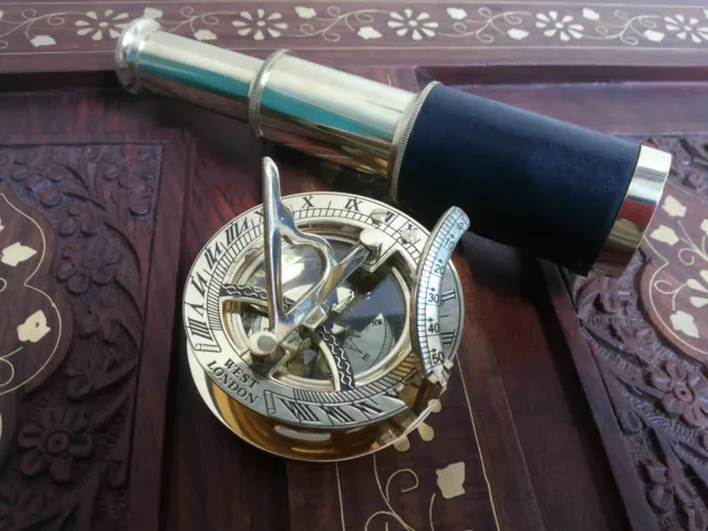 Antique Brass Telescope Leather Grip Brass Sundial Compass Maritime Decorative