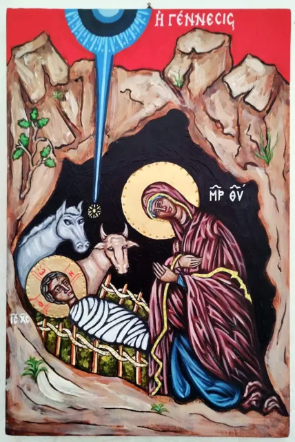 Icona in stile bizantino Italo-Cretese della "Natività di Cristo" - 21x30 cm
