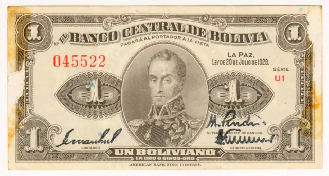 1928 Bolivia 1 Bolivano 045522 Paper Money Banknotes Currency