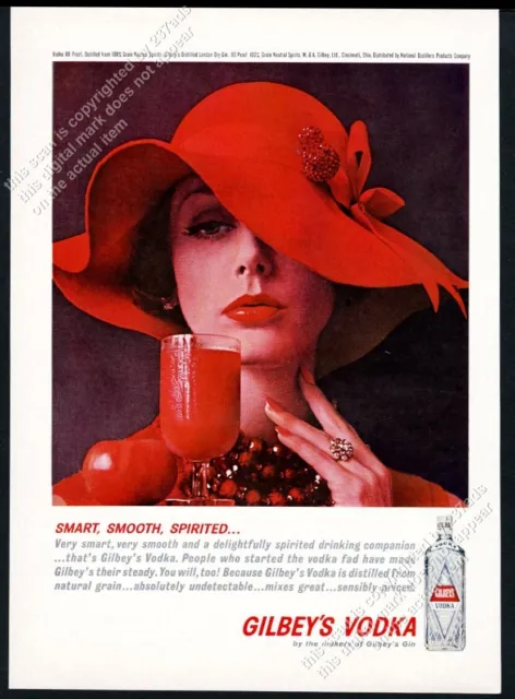 1961 Gilbey's Vodka woman in red hat photo vintage print ad