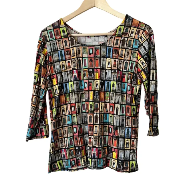 Peck & Peck Scoop Neck Windows Doors Print Top Shirt Small French Multicolor