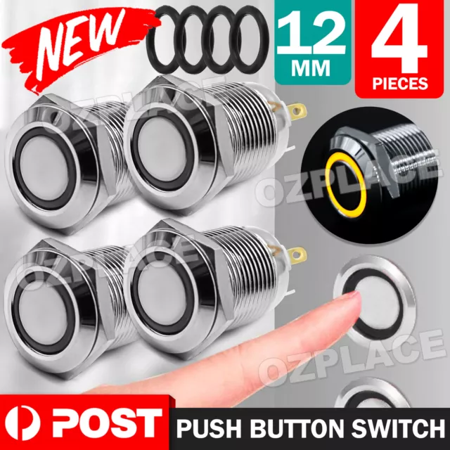 4X 12V 12mm Car Boat Push Button Metal Momentary Switch LED Light Waterproof