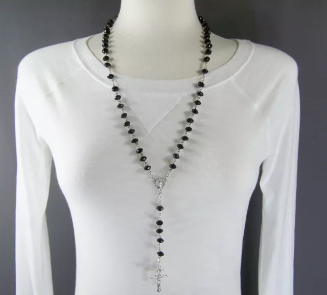 Black bead beaded rosary silver cross 26" long necklace