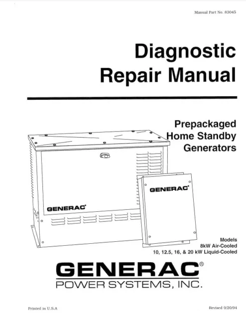 Generac Air Cld 8Kw & Liquid Cld 1.2L 12.5Kw,16Kw,20Kw Diagnostic Repair Manual