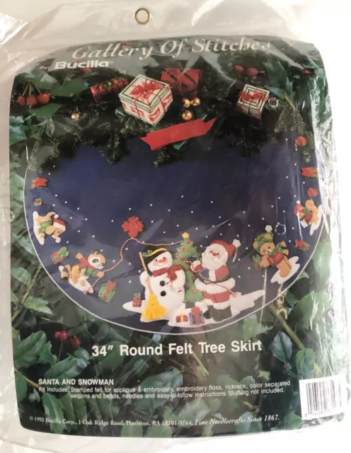 VTG Bucilla Felt Sequin Christmas Tree Skirt Kit Santa Snowman Holiday 1990s NIP
