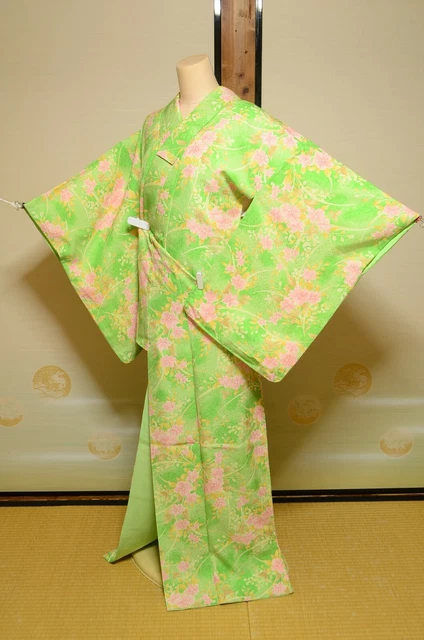 (with Flaws) Kimono Komon Chemical fiber? Women Japanese vintage Robe 156cm 1085