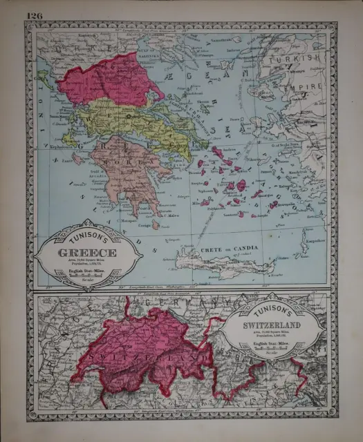 1885 Tunison Atlas Map ~ GREECE - CRETE - SWITZERLAND ~ (11x14) ~ Free S&H