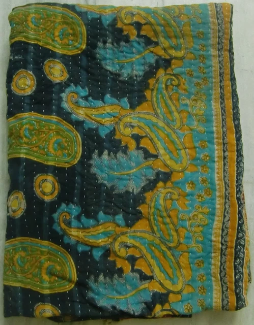 Patchwork kantha quilt handmade winter blanket old cotton saris textile bedding