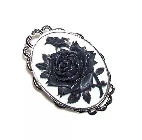 BLACK ROSE CAMEO BROOCH PIN Crow Raven Silver Pltd Mourning Flower Jewelry