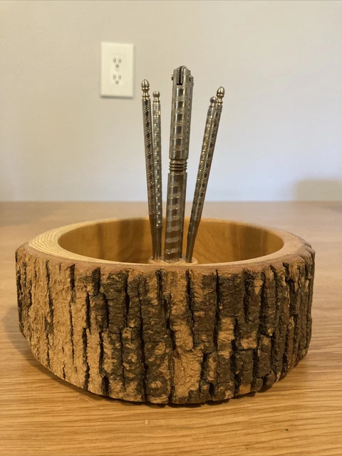 Vintage Nut Cracker Set With Wooden Log Bark Nut Bowl with Nut Cracker/4 Picks