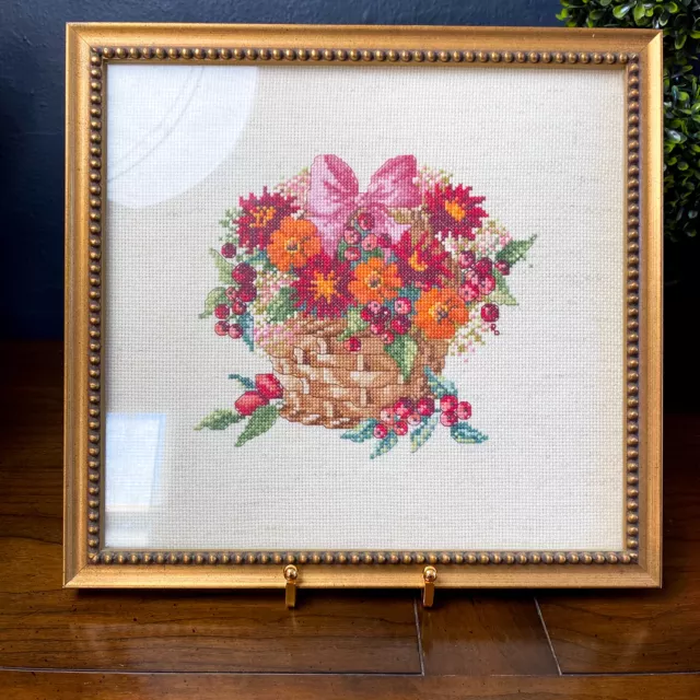 Vtg Basket of Flowers Custom Framed Needlepoint/Crosstitch Wall Art Cottage Core