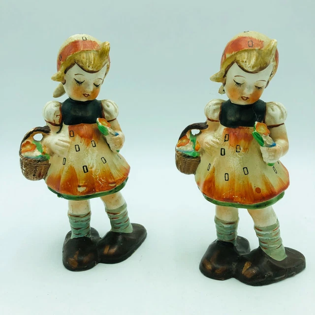 VINTAGE JAPANESE FIGURINES Ceramic Girl with basket and Flower Pair 9.