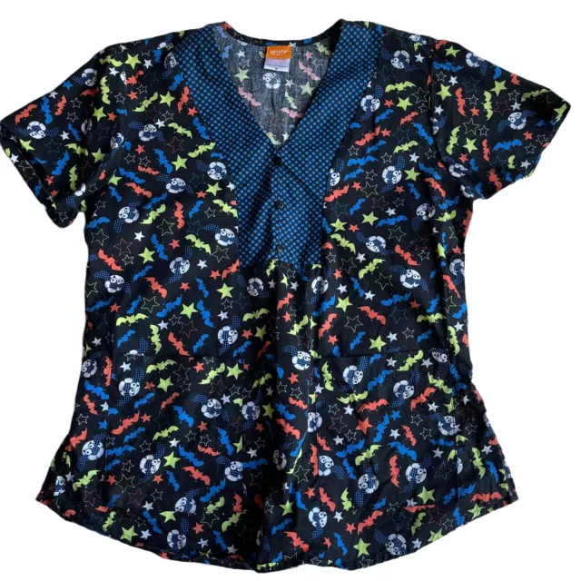 GRAFX by BARCO Women’s size Medium Halloween Scrub Top Black Navy Bats