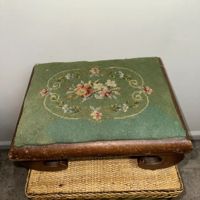 Vintage Handcrafted Needlepoint Floral Footstool Wood Victorian Grandma Green