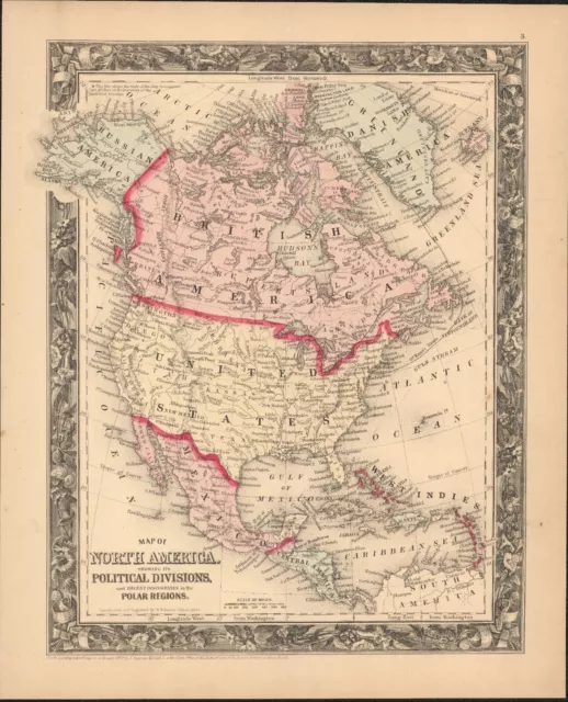 1860 US Canada Mexico C. America Mitchell antique map 15.3" x 12.5" hand color