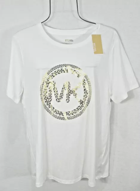 Michael Kors Womens T-Shirt L White Gold Chain MK Logo Top Blouse Pullover NWT