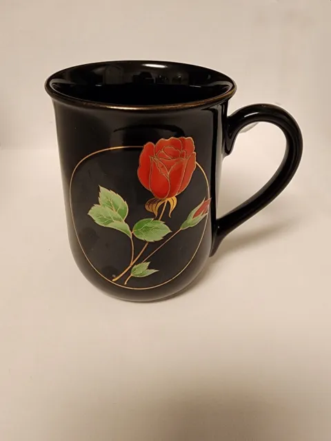 Vintage Porcelain Otagiri Coffee Tea Mug Cup Japan Red Rose on Black Gold Trim