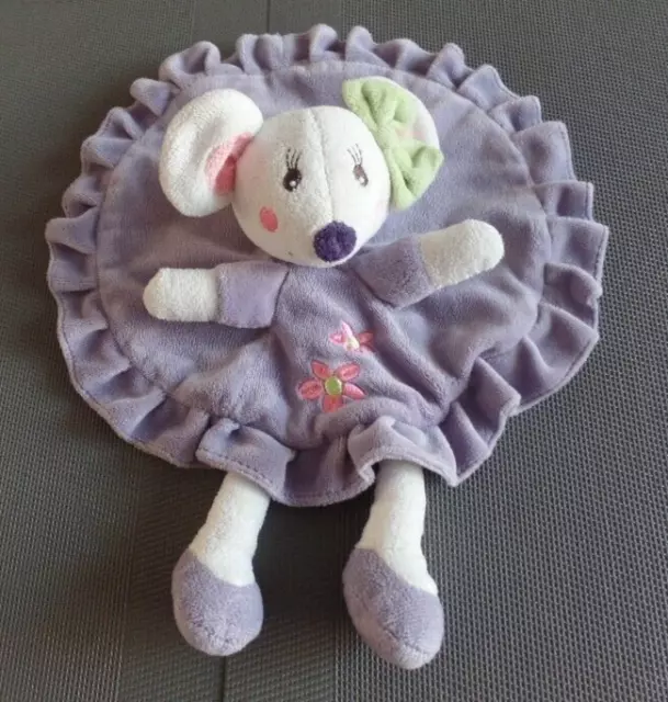 S15 / doudou plat souris mauve violet parme rond fleur rose noeud vert KIMBALOO