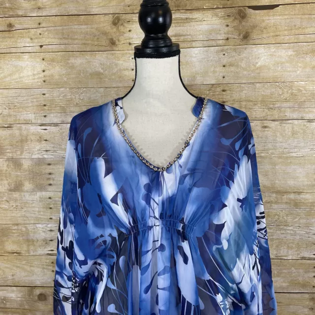 Jennifer Lopez Caftan Dress Womens XS Blue Floral Kaftan Kimono Embellished NWT 2