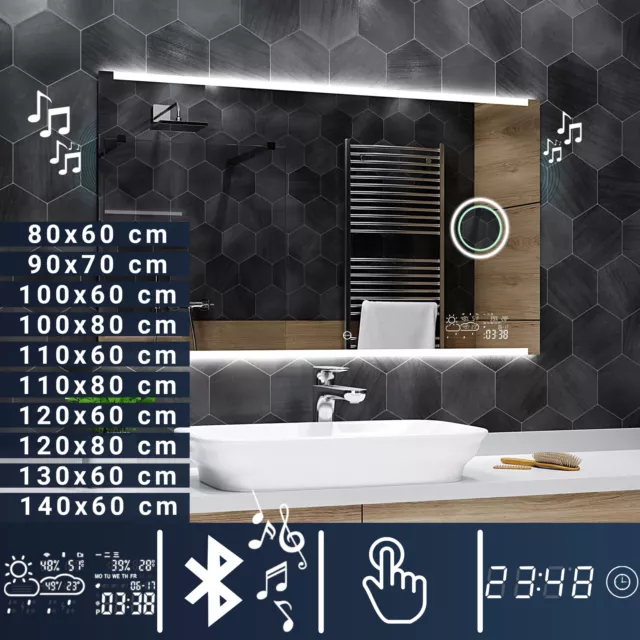 Miroir Salle De Bain Lumineux LED STATION MÉTÉO BLUETOOTH Hobart + TOUCH