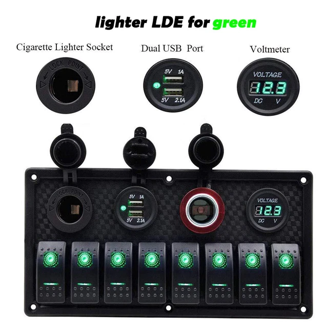 8 In 1 Control Panel Dual USB Car Charger Switch Cigarette Lighter 12-24V