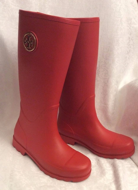 TORY BURCH SARAH Logo Tory Red Rubber Rainboots Tall Boots 8