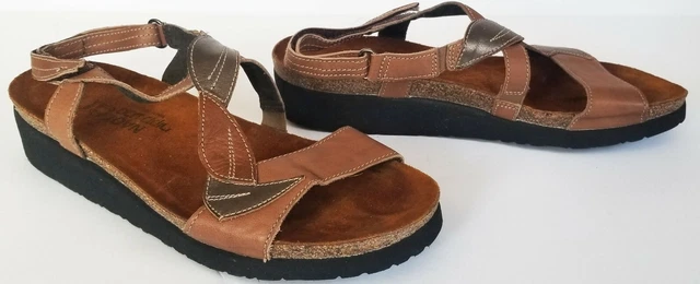 NAOT brown & pewter cross strap slingback wedge SANDAL size 41 10 *barely worn