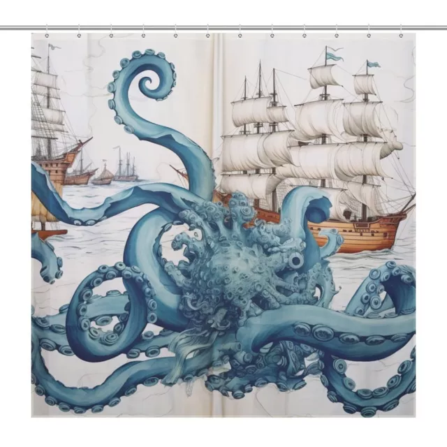 Waterproof Octopus Sailboats Shower Curtain Bathroom Nautical Mermaid Ocean