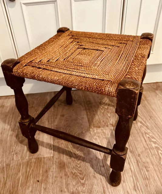 Antique Solid Oak Wood Stool 1930s/40s Seagrass Woven Wooden Children’s Stools