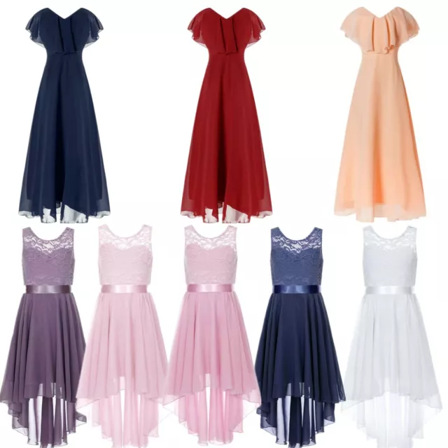 Kids Flower Girls Party A-line Dress Wedding Chiffon Silk Floral Bridesmaid Gown