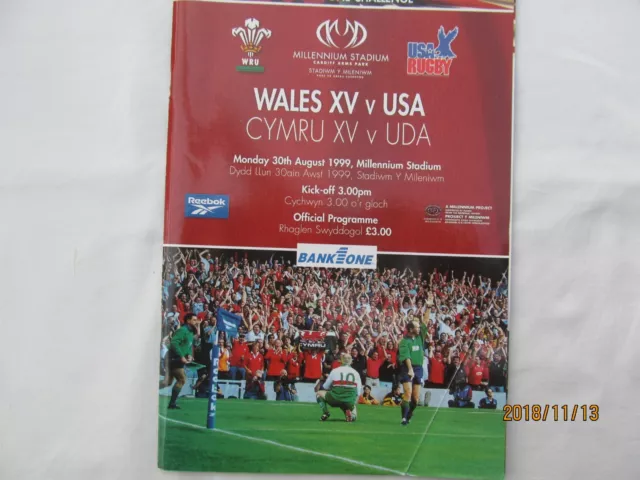 Wales XV v USA. Rugby Union. August 1999. Millennium Stadium. + Event Tickets.