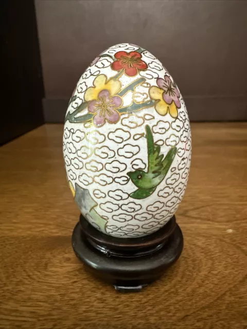 Vintage Cloisonné Egg w/ Wood Stand, Painted Enamel w/ Bird & Floral Scene