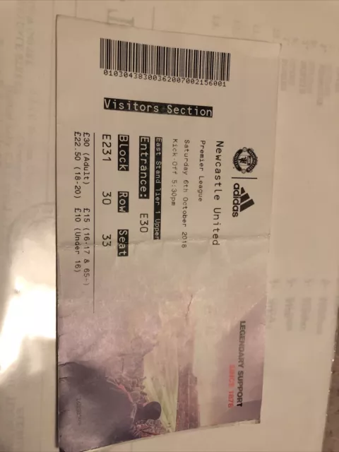 Manchester Utd V Newcastle Utd League 6th Oct 2018..Match Ticket