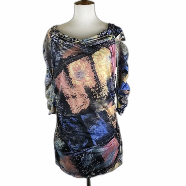 Elana Kattan Womens M Top Drape Neck Ruched Sides Sleeves Abstract Geometric